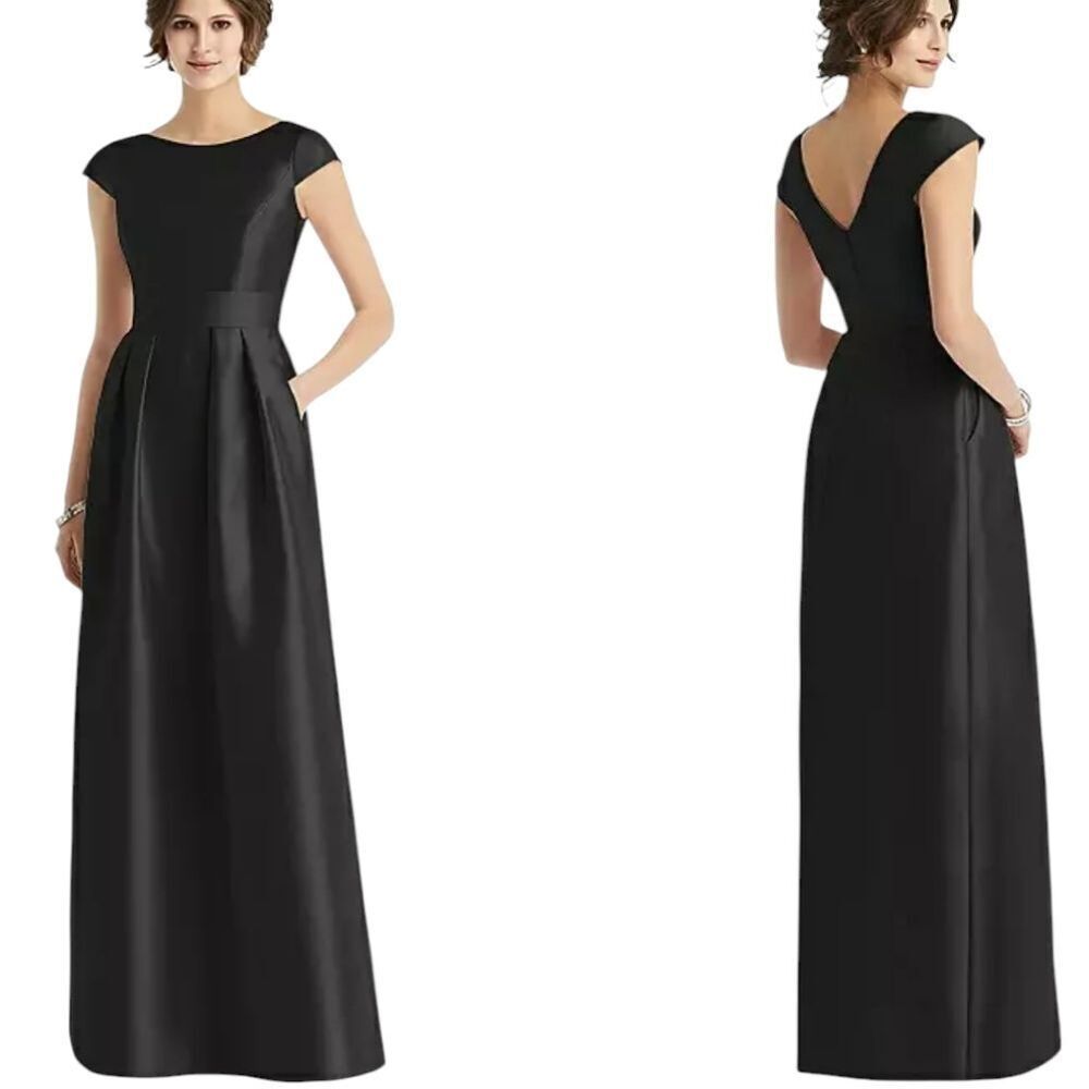 NWT Alfred Sung Cap Sleeve Pleated Skirt Dress Pockets Black Maxi Dress Size 2
